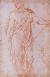 杖を持った男のスケッチと手の研究（紙に赤いチョーク）